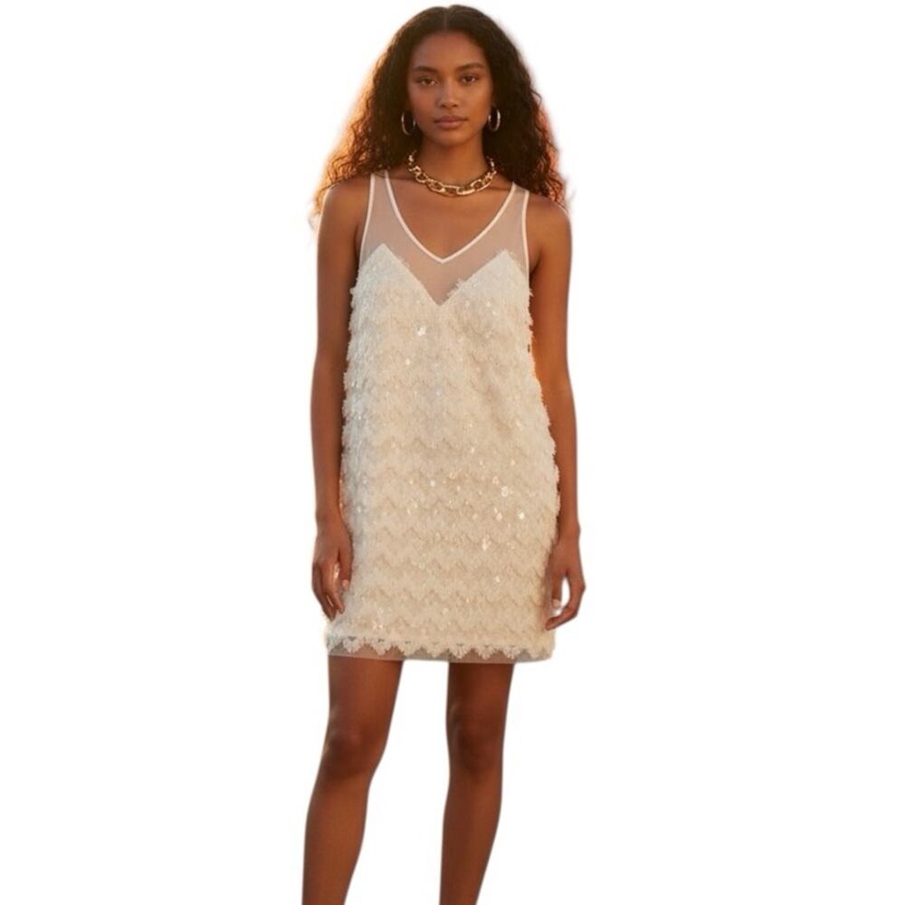 Anthropologie Maeve Sequined Textured Cream Mini Dress Size Large